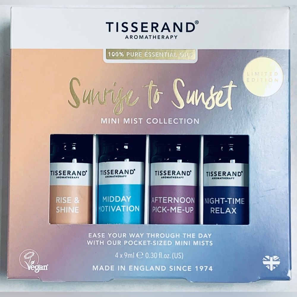 Tisserand Aromatherapy Sunrise to Sunset 100% pure mist collection 4 pc. England